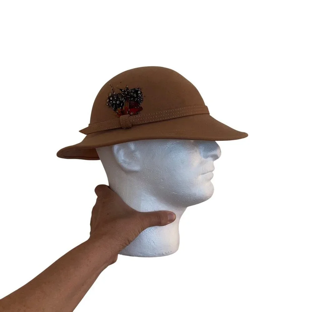 Adolfo II Vintage Womens Hat 21 Inch Tan Cloche Feathers Inside Circumference